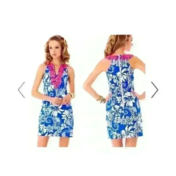 Lilly Pulitzer Augusta Shift Dress Deep Sea Blue Quahog Chowdah Lace Trim Size 6 - Picture 1 of 9